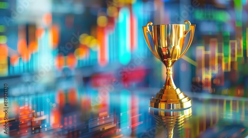 Golden trophy on a glass table with a blurred background of business charts and graphs, concept for success in work or business as an award win cup stock photo, contest winner in the style of high res
