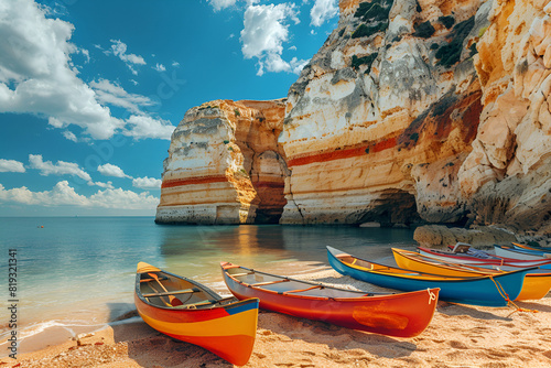 View of cliffs and canoes on ocean, beach near Albufeira, Portugal photo
