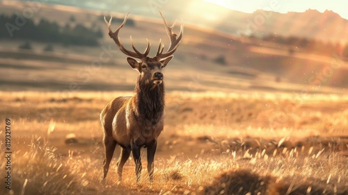 Majestic stag standing in sunlit grassland  surrounded by nature