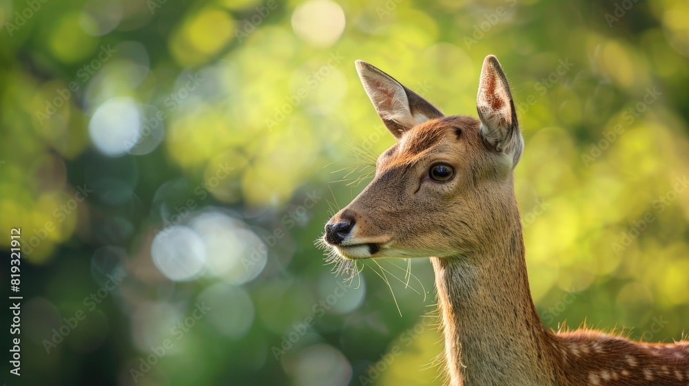 Serene deer with delicate features in lush forest soft sunlight Serene deer with delicate features in lush forest soft sunlight