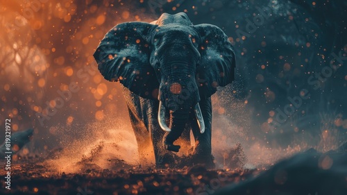 Majestic elephant walks through glowing misty forest