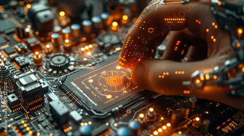 A hand is touching a computer chip. The chip is glowing orange. Concept of curiosity and fascination with technology