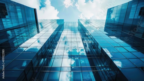 Modern glass skyscraper reflecting clouds under blue sky