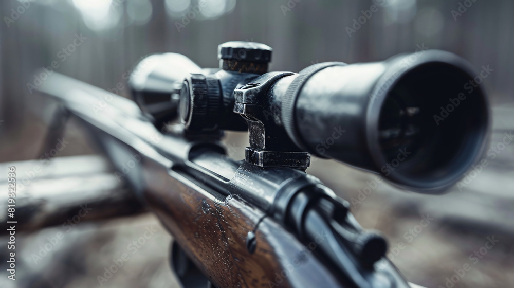 Close-up of a rifle scope in a forest. A detailed shot of a rifle with a scope, set against a blurred forest background, emphasizing precision and focus.. Close-up of a rifle scope in a forest. A detailed shot of a rifle with a scope, set against a blurred forest background, emphasizing precision and focus..