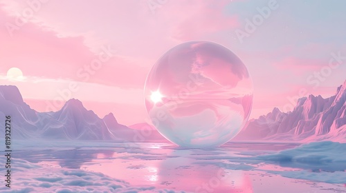 A sphere made of water floating in surreal digital pink landscape. 