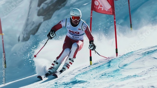 Skier skiing down the slope during a ski race photo