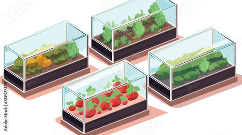 Vegetables growing in boxes with soil inside glass