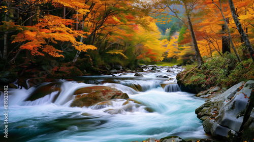 秋の渓谷 川 紅葉 © bephoto