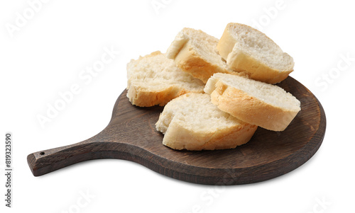 Pieces of fresh baguette isolated on white