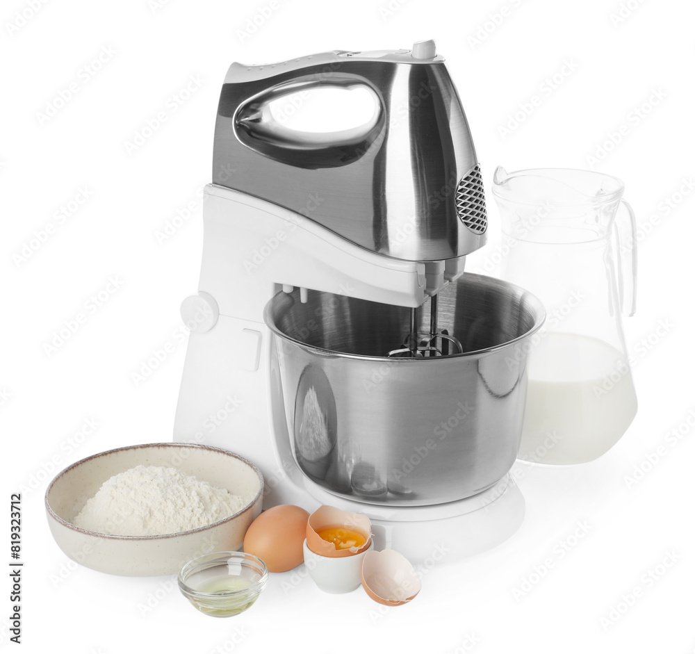 Stand mixer and different ingredients for dough isolated on white Stand mixer and different ingredients for dough isolated on white