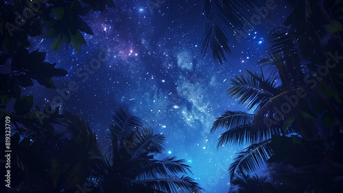 Starry Night Oasis  Galaxy View Amidst Palm Leaves