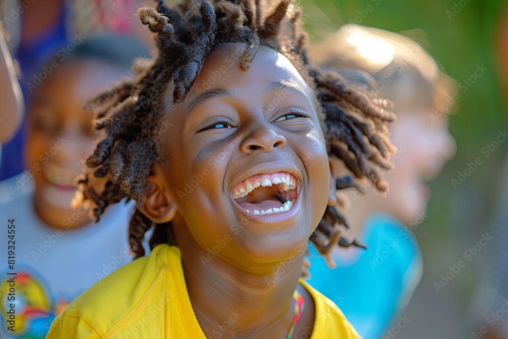 Laughing Child Enjoying Sunny Summer Day With Friends in Park Laughing Child Enjoying Sunny Summer Day With Friends in Park