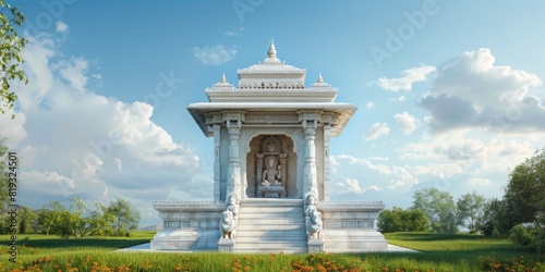 Small hindu temple with white marble on senic green landscape with blue sky, god inside, close from back side