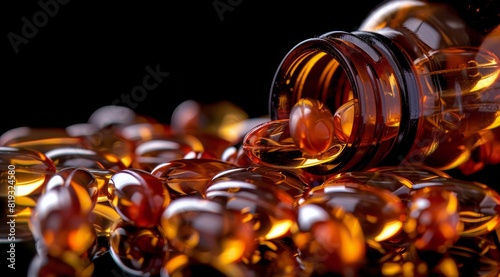 Bottle of Fish Oil With Orange Capsules on Black Background