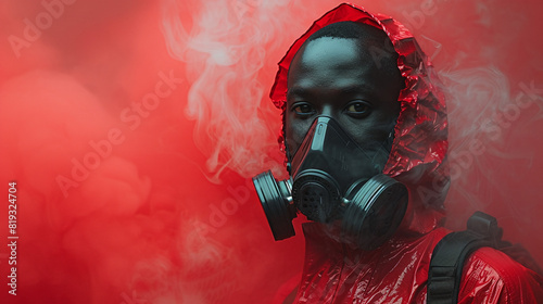 conceptual photography of black man wearing a toxicity mask and red protective equipment, red smoke, pollution awareness campaign photo