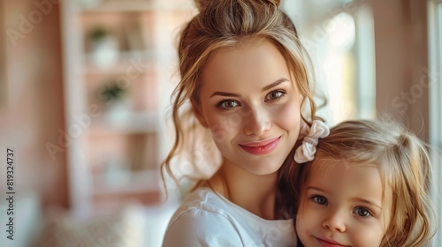 Woman Hugging Daughter on Pink Couch
