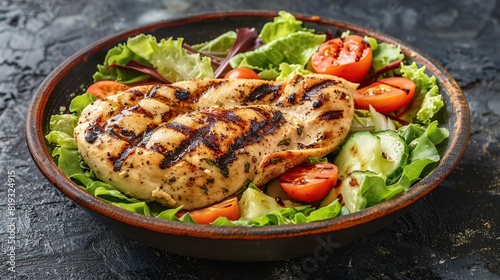 Grilled Chicken Breast, Fillet, and Fresh Vegetable Salad of Lettuce. Generative AI
