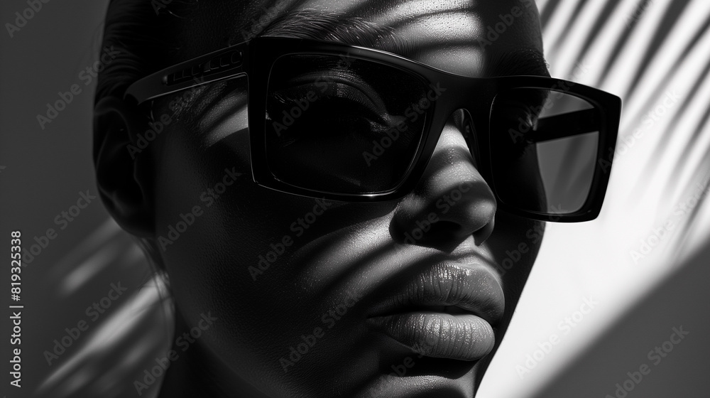 black and white A pair of oversized sunglasses casting a mysterious shadow over a person's face, adding an air of intrigue and sophistication black and white A pair of oversized sunglasses casting a mysterious shadow over a person's face, adding an air of intrigue and sophistication