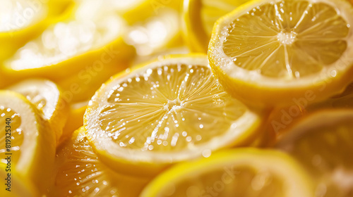 fresh lemon slices. A macro shot of fresh lemon slices, glistening with droplets of water, highlighting their juicy texture and bright yellow color..