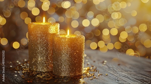Two Lit Candles Against Golden Background