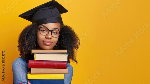 African American female graduate holding books, wearing graduation cap, on yellow background