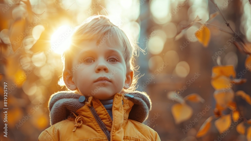 Young Caucasian boy in yellow jacket, autumn forest, sun rays, bokeh Young Caucasian boy in yellow jacket, autumn forest, sun rays, bokeh