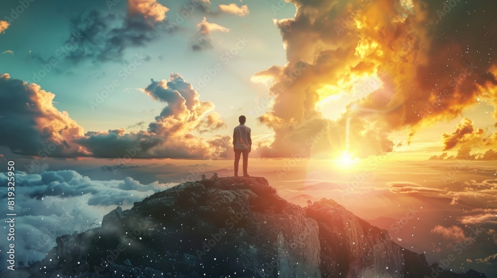 Person standing on mountain peak, overlooking vibrant sunrise or sunset, surrounded by clouds and dramatic sky Person standing on mountain peak, overlooking vibrant sunrise or sunset, surrounded by clouds and dramatic sky
