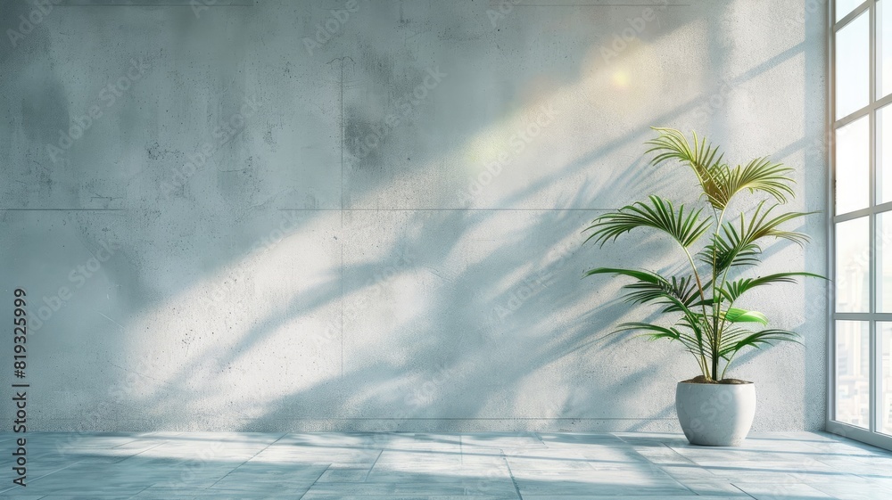 Potted plant by sunlit large window casts shadows on concrete wall Potted plant by sunlit large window casts shadows on concrete wall