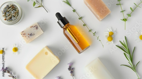Facial serum, natural soap and natural solid deodorant on white background. 
