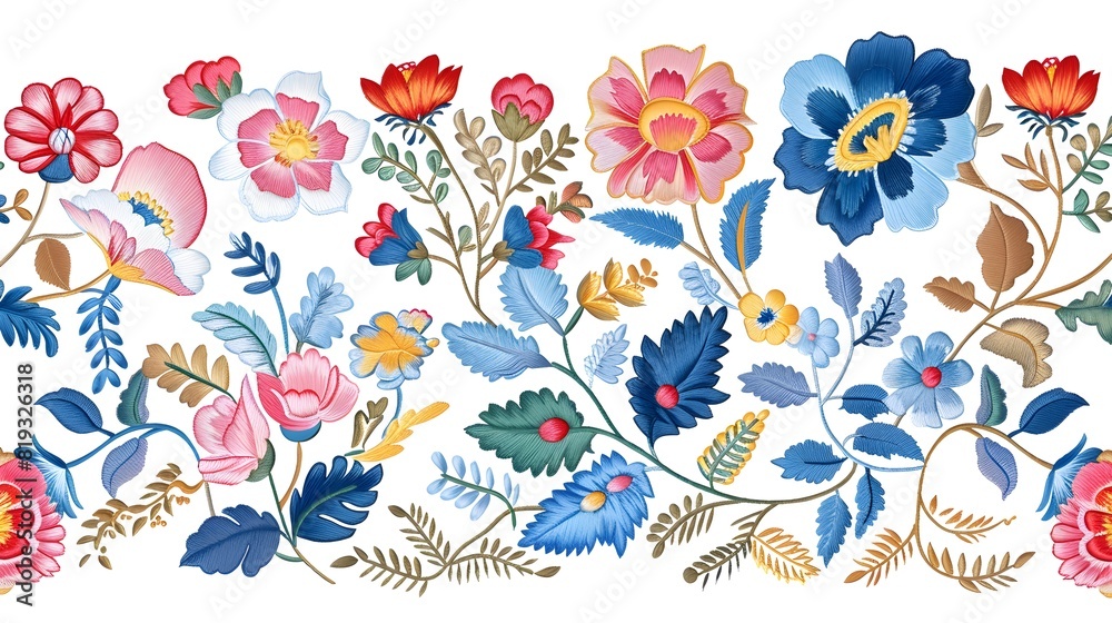 Floral embroidery. Seamless horizontal border with colorful flowers and leaves on white background. Beautiful print for fabric and textile.
