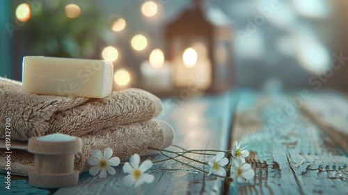Soap  towel in bathroom  on blurred spa background. With copy space