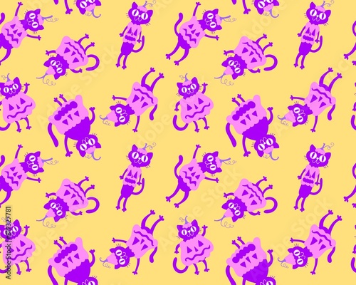 Halloween animals seamless cats and pumpkins pattern for wrapping paper