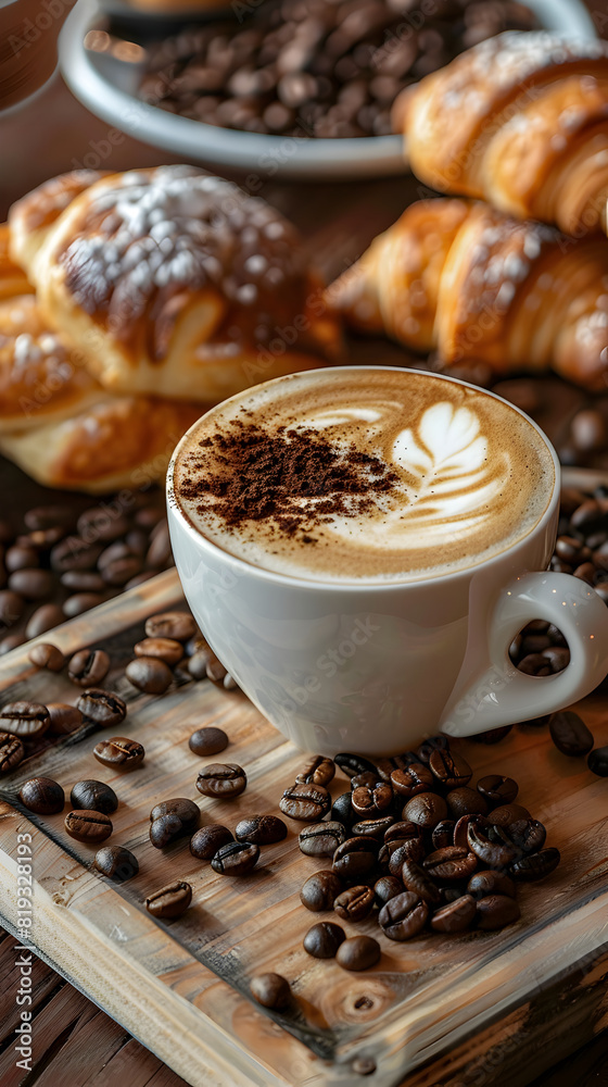 a cup of coffee (cappuccino) with foam and a pattern, sweets, fresh pastries and berries on the table a cup of coffee (cappuccino) with foam and a pattern, sweets, fresh pastries and berries on the table