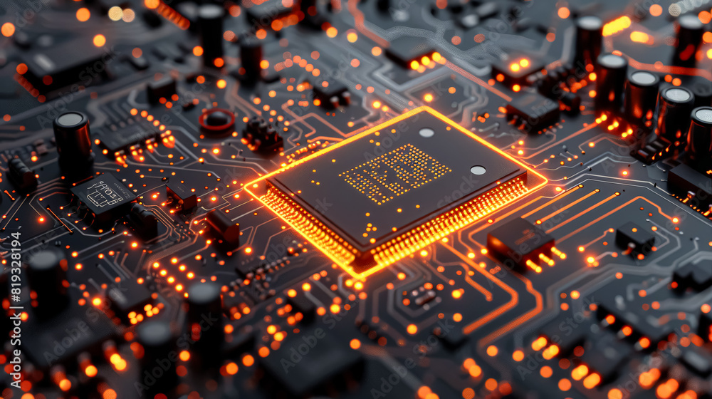 A computer chip with a glowing red center. The chip is surrounded by a black background. Concept of technology and innovation A computer chip with a glowing red center. The chip is surrounded by a black background. Concept of technology and innovation