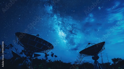 Space satellite dishes that receive signals from outer space with night sky background, radio and frequency wave.