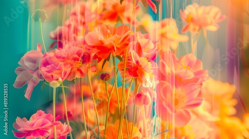 Neon pink, orange, yellow, turquoise abstract summer flowers background with digital motion glitch effect 