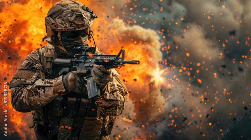 Special forces soldier equipped with battle armor in a combat zone. Explosion, smoke and fire sparks on background Special forces soldier equipped with battle armor in a combat zone. Explosion, smoke and fire sparks on background