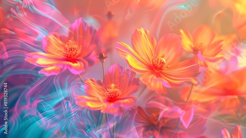 Neon pink  orange  yellow  turquoise abstract summer flowers background with digital motion glitch effect 