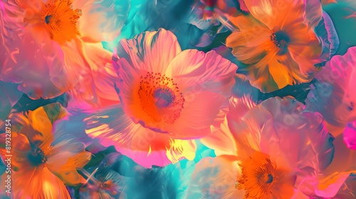 Neon pink  orange  yellow  turquoise abstract summer flowers background with digital motion glitch effect 