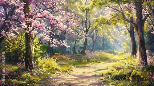   A painting of a path lined with trees and flowers on either side