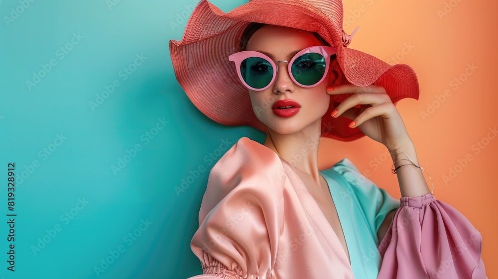 Stylish woman in colorful outfit with hat and sunglasses on vibrant background Stylish woman in colorful outfit with hat and sunglasses on vibrant background