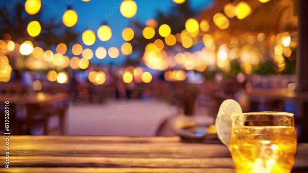 restaurant beach decor lights string yellow sunset light bokeh blurred summer night party event bar background hot festival blur bright holiday created with generative ai	