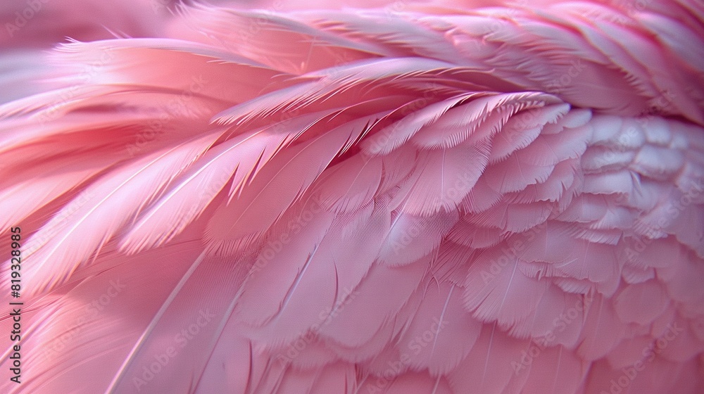   A close-up of a pink bird's feathers against a pink sky