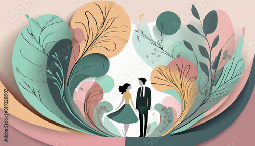 A couple of lovers hold hands among plants and abstract shapes. Pastel colors background of a oneiric and visionary landscape.	