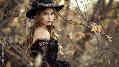 Woman in gothic attire with black hat forest setting © Татьяна Макарова
