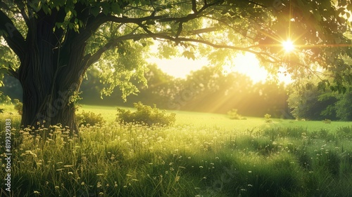 Sunlight streaming through green trees onto grassy field