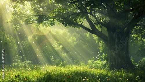 Sunlight filters through lush forest canopy, illuminating grass and wildflowers
