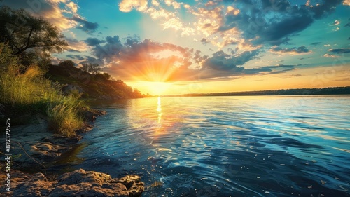 Stunning sunset over serene lake with vibrant sky reflections