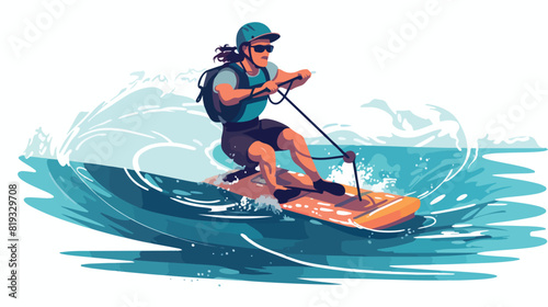 Wakeboarding extreme sport in sea water. Man in hel photo