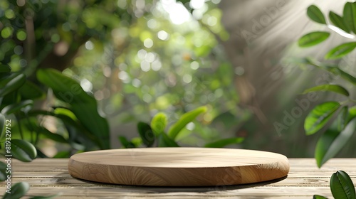 Wooden product display podium with blurred nature leaves background. 3D rendering 